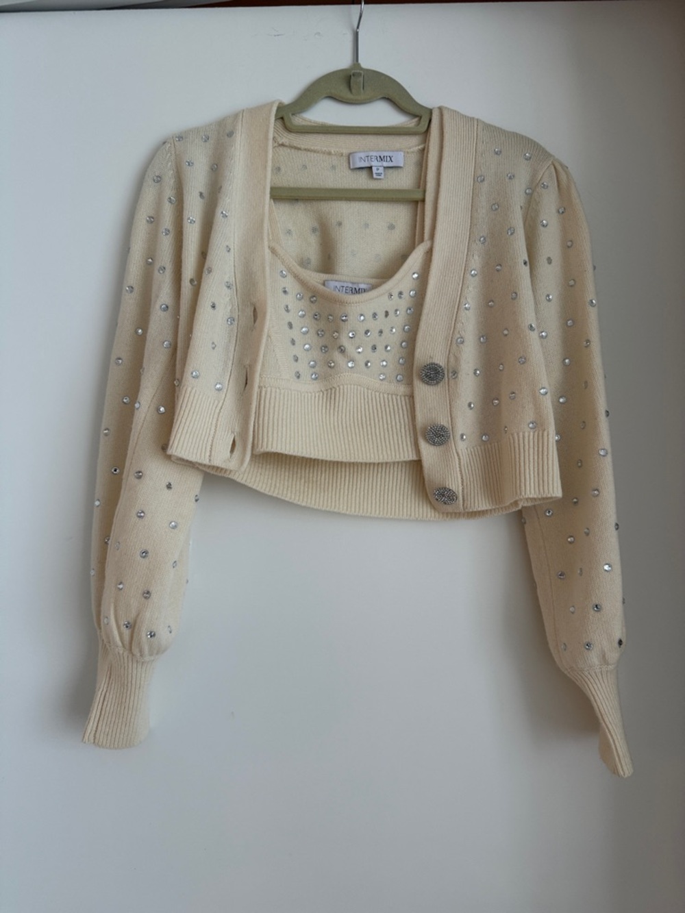 INTERMIX Cream Cropped Embellished Cardigan Set